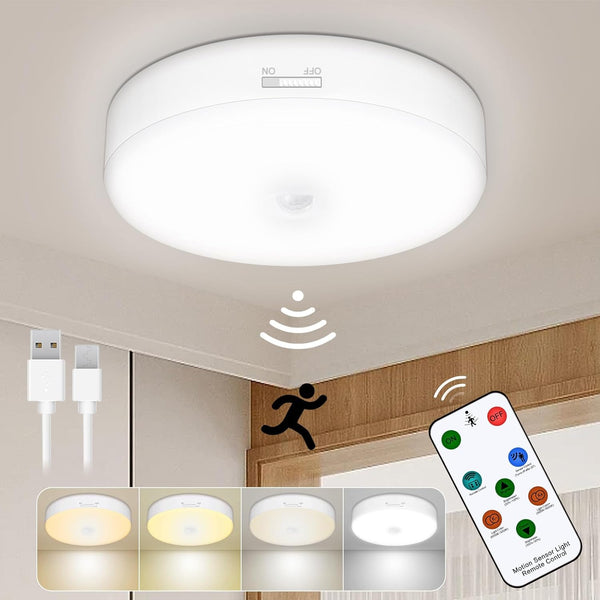 TOOWELL Rechargeable Motion Sensor Light with Remote, Battery Operated Ceiling Light 5 Brightness & 4 Color Temperature Dimmable Wireless LED Closet Light for Closets Shower Shed Pantry Hallway Porch