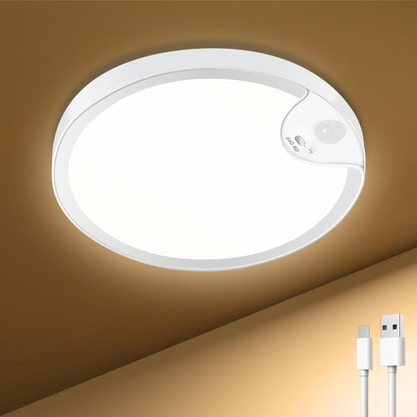 Rechargeable Motion Sensor Closet Light - IP54 Waterproof Shower Light Indoor, Wireless Battery Operated Ceiling Lights, 3CCT Cordless Motion Activated Light for Shower Bathroom Stairs Hallway